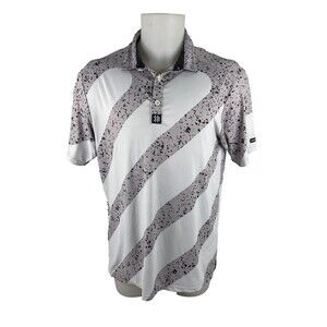 Hazards & Bogeys Men Large Golf Polo Shirt Grey White Diagonal Strip Splatter